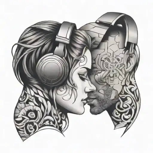 Headphones Male And Female Touching Foreheads