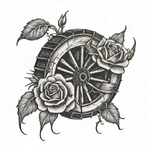 Broken Wagon Wheel And Roses Blooming