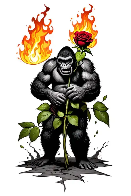 Angry Kingkong Holding Rose Wrapped With Fire Background
