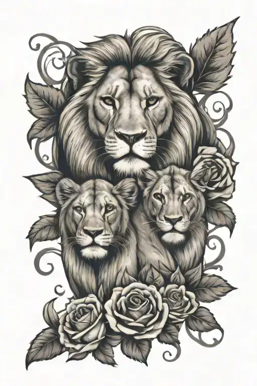 Lion And Lioness With Two Baby Cubs Surronded By Roses