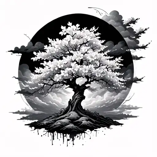 Cherry Blossoms Tree On Storm Clouds