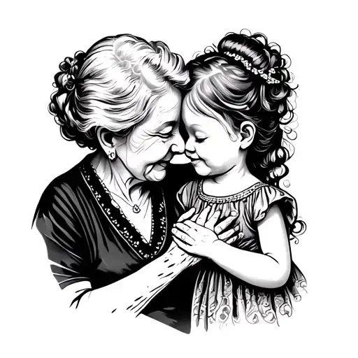 Fine Line Black Tattoo Of A Grandmother Fondly Caressing Her Granddaughter Affectionately