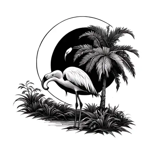 Flamingo Orange Blossom Body Standing In Front Of A Palmetto Tree And Cresent Moon