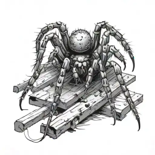 A Black And Grey Realistic Depiction Of A Spider Crawling On A Pile Of Old Square Nails
