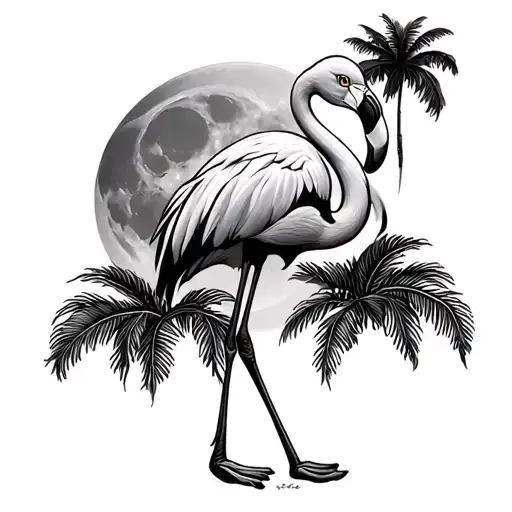 Girly Flamingo Orange Blossom Body Standing In Front Of A Palmetto Tree And Cresent Moon