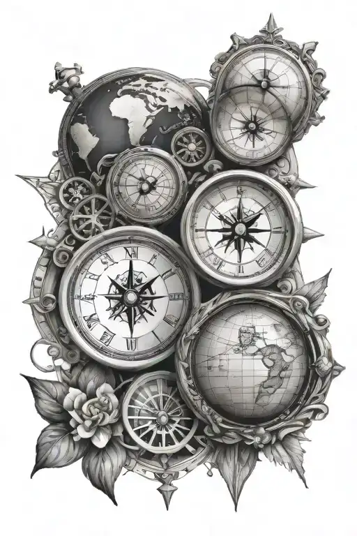 Clock And Compass And Earth Globe
