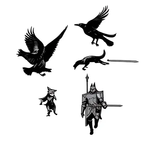 Crow In Flight With A Fox Running Around And A Wortorn Knight Holding A Sword And Shield