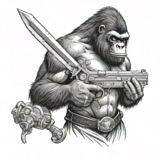 Gorilla With Gun And Sword Each Hand Holding