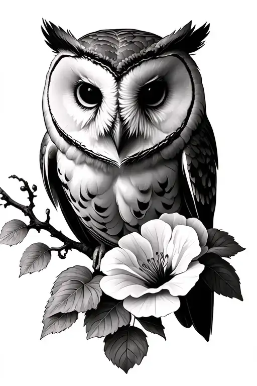 Barn Owl With Geranium And Branchws