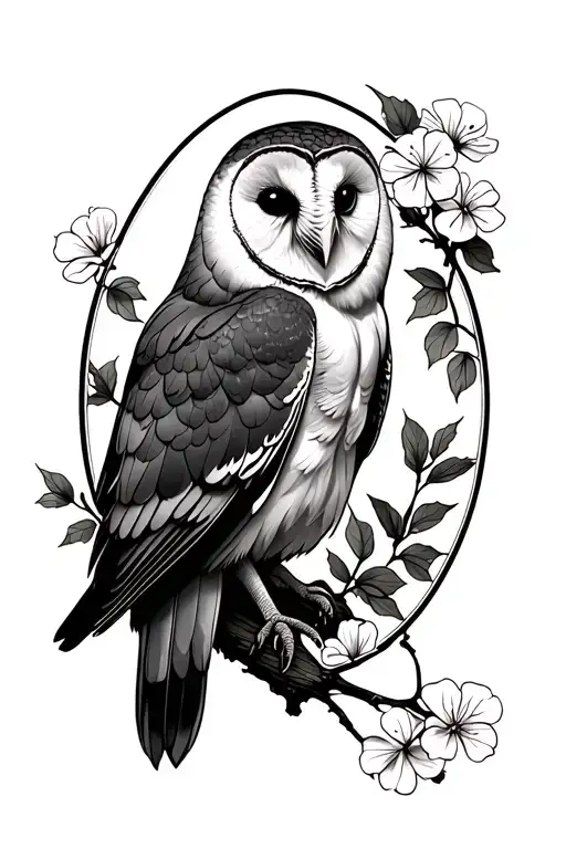 Perched Barn Owl With Geranium And Branches Shaped Like Oval