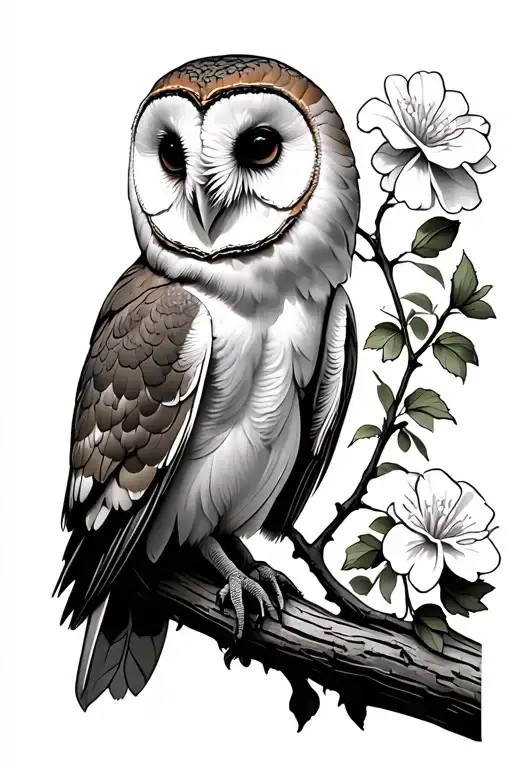 Perched Barn Owl With Geraniums And Beech Branches