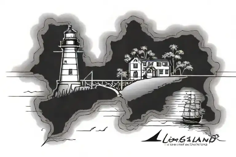 Long Island Map Outline With Lighthouse Overlooking Beach And Bridge