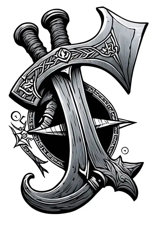 Nordic Sleave Tattoo With A Viking Axe And A Nordic Compass In A Hand Drawn Style