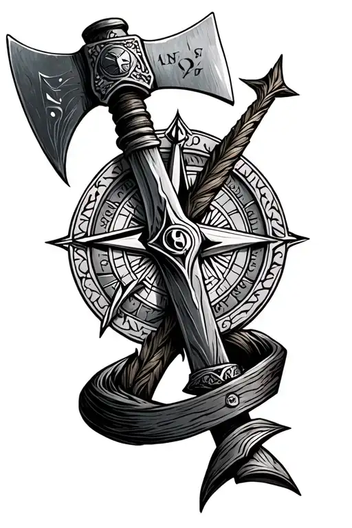 Nordic Sleave Tattoo With A Viking Axe And A Nordic Compass In A Hand Drawn Style