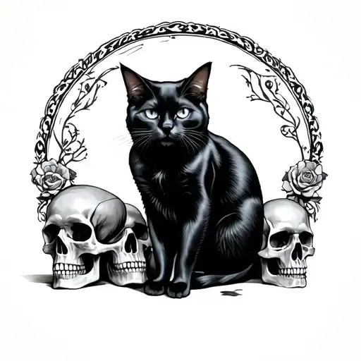 Black Cat Sitting On Skulls