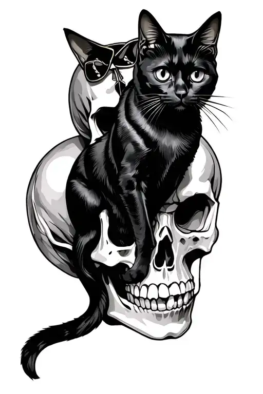 Black Cat Sitting On Skulls