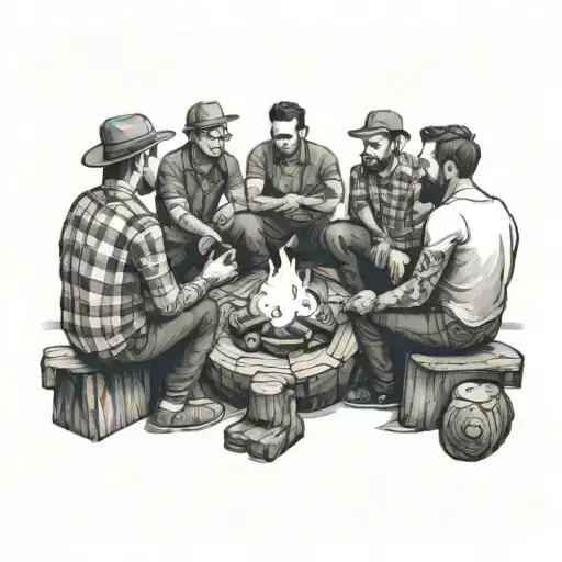 4 Men Sitting In A Circle Around A Campfire On Wooden Logs Showing Their Backs To Us
