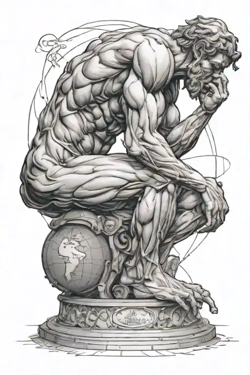 The Atlas Titan Sitting On A Globe In The Pose Of The Thinker