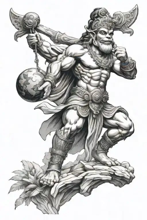 Hanuman Carrying The Mountain And Atlas Holding The Earth