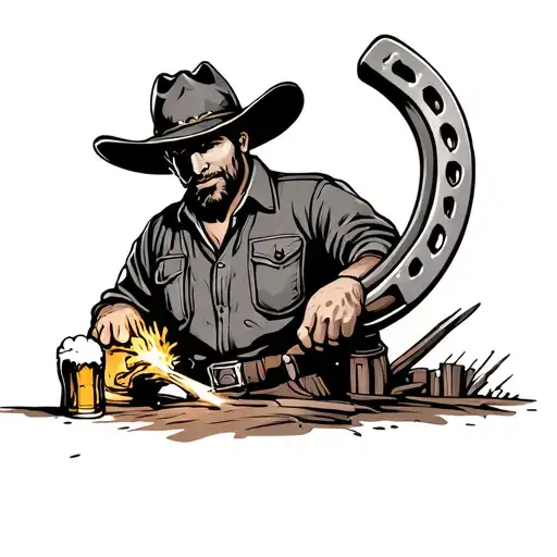 A Rugged Cowboy Welding A Horseshoe With A Beer In Hand