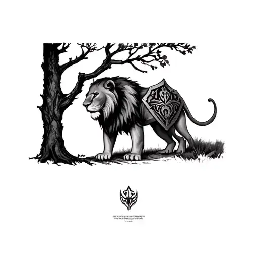 Lioness By A Tree With Viking Sheild