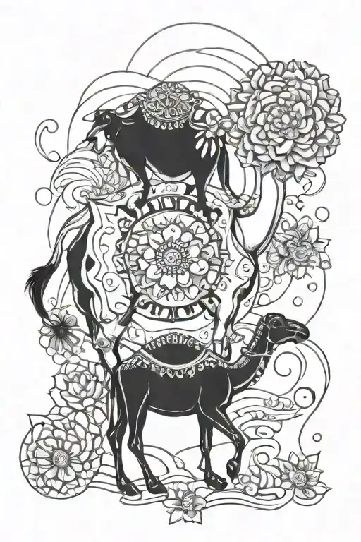 Camel And Cow With Andromeda Flower In Hair