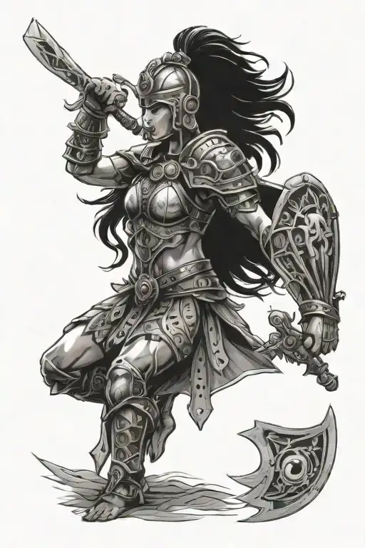 A Feminine Gladiator Warrior Adorned With Spiritual Symbols Representing Unity And Strength