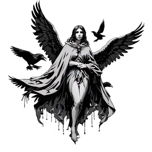 Gothic Angel Wrapped In A Cloak With Ravens Or Crows Surrounding Them
