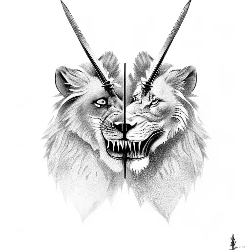 Lion And Wolf Head Holding A Sword With Their Teeth