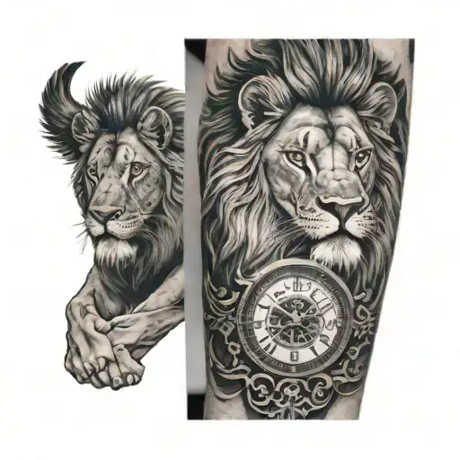 A Man Black And White With Tatoo Lion And A Watch Thigh Tato