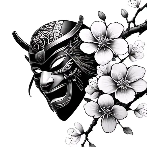 Samurai Mask Black And White Cherry Blossom Flowers Coloured