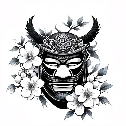 Samurai Mask With Cherry Blossom Flowers In Color Scheme