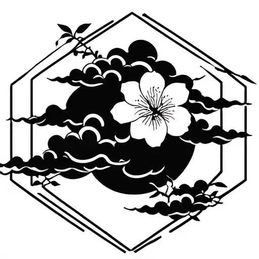Japanese Black Clouds With Cherry Flower Logo Silhouette Inside A Hexagon