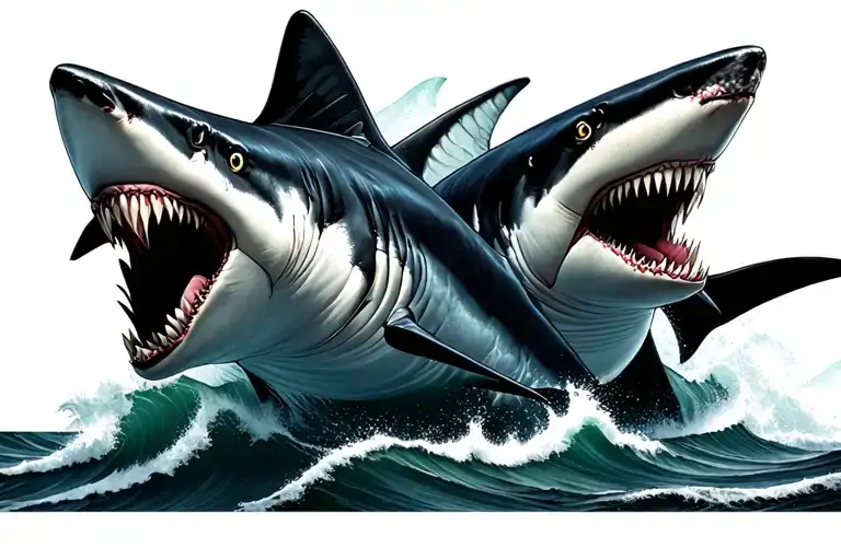 Killer Sharks Side By Side Filled Ocean Waves Crashing