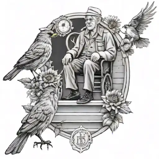Grandad With A Stairway To Heaven With A Grandad Figure With A Robin And Sunflowers