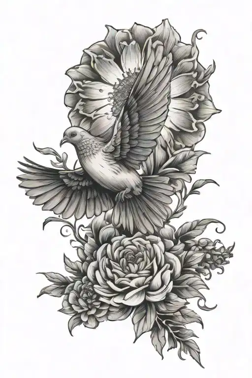 Marigold And Cosmos Flowers With A Dove Flying