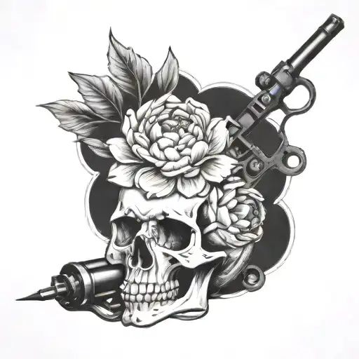 Peony And Tattoo Machine And Skull