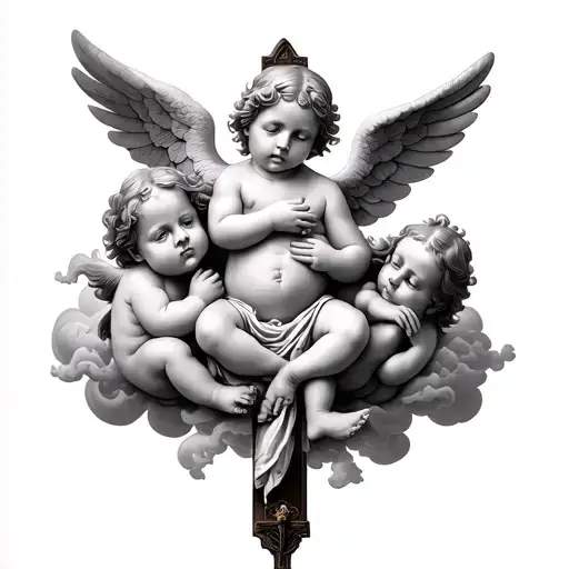 Cherub Babies And Crucifix Clouds