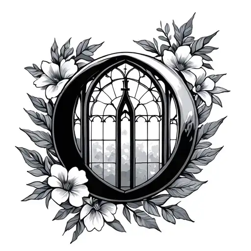 Moon And Church Windows And Flowers