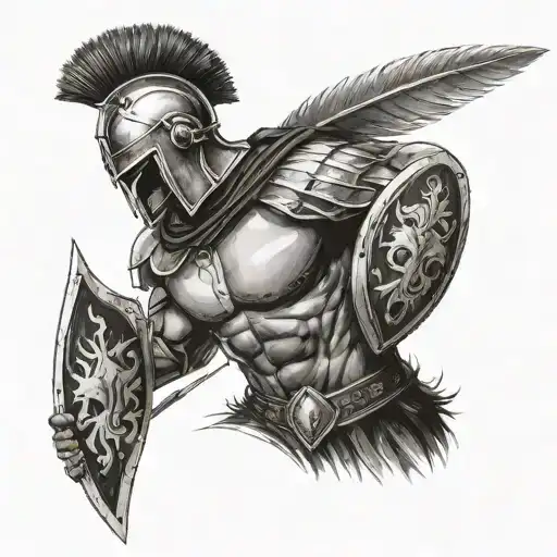 Black And White Spartan Warrior Bare Chest Standing Ready For Battle With Shield And Spear In Hand