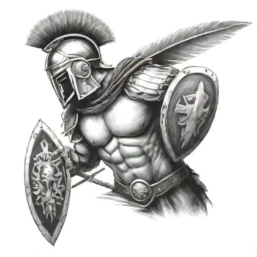 Black And White Spartan Warrior Bare Chest Standing Ready For Battle With Shield And Spear In Hand