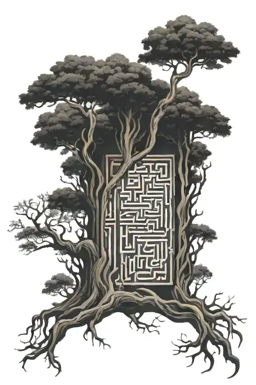 Maze Inside A Large Tree With Roots And Name In Branches