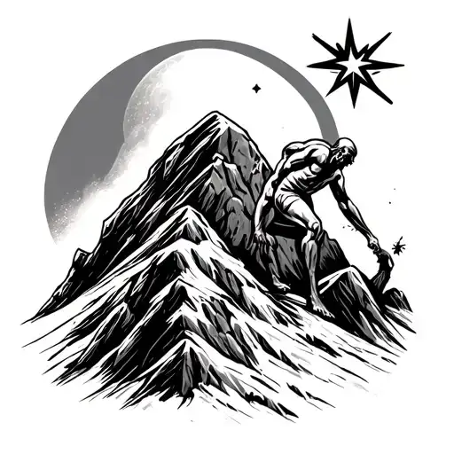 Sisyphus Pushing A Rock Up A Mountain And A Star On The Mountain