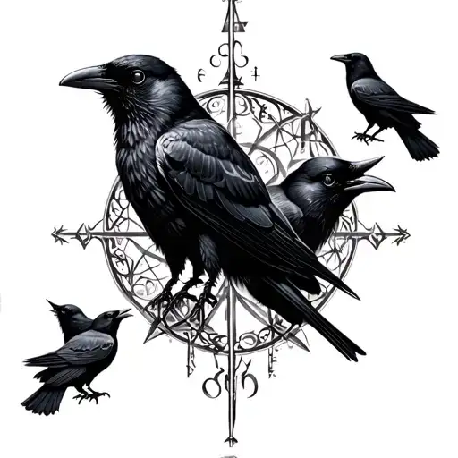 A Drawing With Crows And Gothic Symbols In The Background