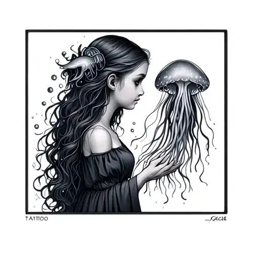 Fine Line Tattoo Of A Girl's Siliouhette Holding Hands With A Jellyfish