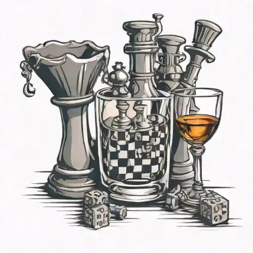 A Tattoo Design Incorporating A Glass Of Whiskey And Chess Pieces