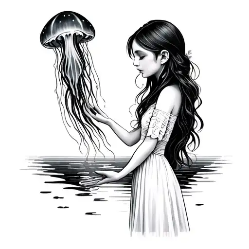 Fine Line Tattoo Of A Girl's Siliouhette Holding Hands With A Jellyfish