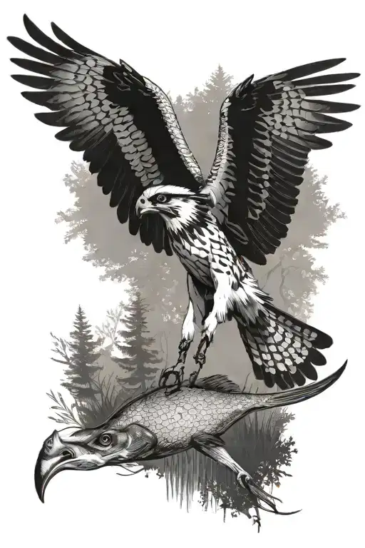 An Osprey Flying And Holding A Small Trout Near The River In The Forest