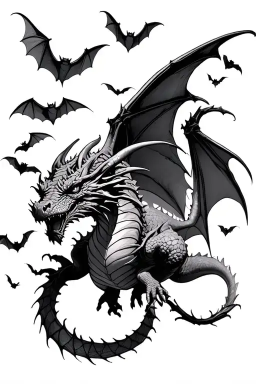 Bats Swarming Around A Flying Dragon
