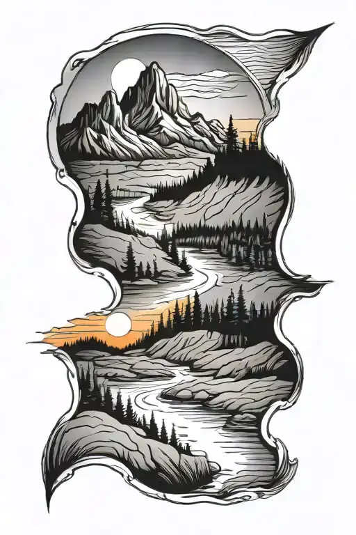 Mountain Landscape With River Running And Sunset